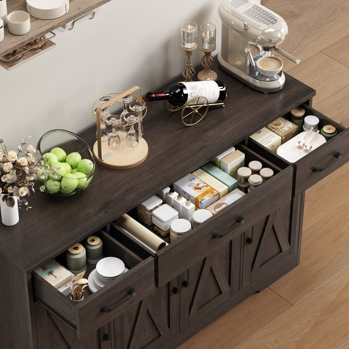 Homfa Buffet Cabinet with 3 Drawers and 4 Doors, 55.1” W Kitchen Sideboard Storage Cabinet with Adjustable Shelves, Farmhouse Coffee Bar Cabinet for Dining Room, Dark Brown - new