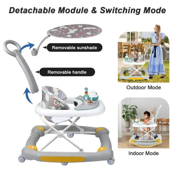 LHUAI 6-in-1 Baby Walker With Wheels, Bouncer, Removable Footrest, Feeding Tray & Music, Foldable & Adjustable Activity Walker For Boys And Girls, Toddler Infant, Grey - new