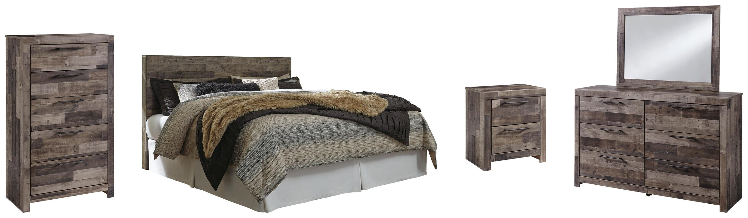 Derekson Multi Gray Derekson King Panel Headboard Bed with Mirrored Dresser, Chest and Nightstand