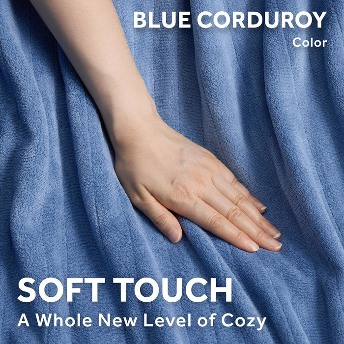 Sunbeam Electric Heated Throw Blanket Oversize Blue Corduroy Microplush 4 Heat Settings - open_box