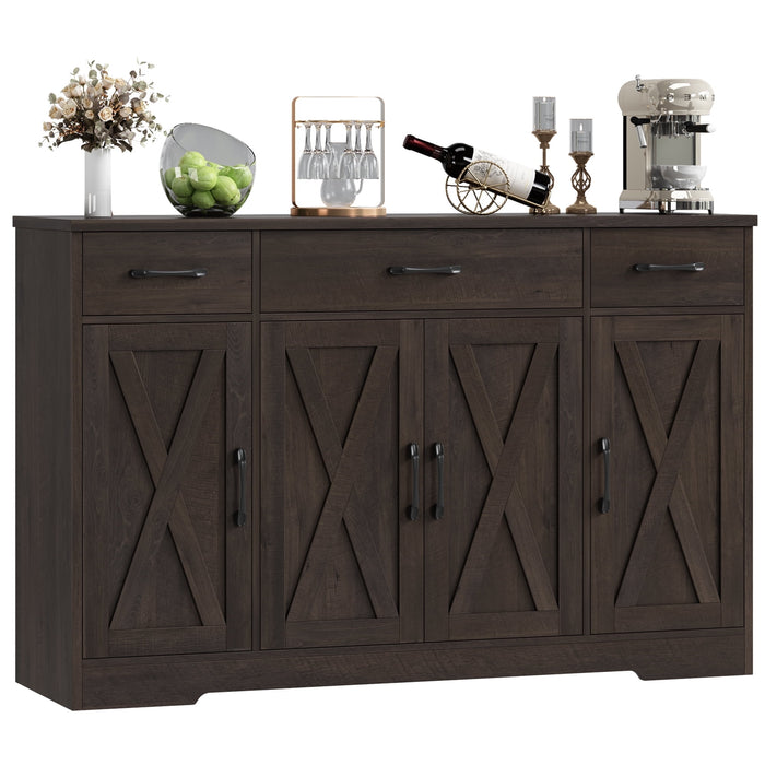 Homfa Buffet Cabinet with 3 Drawers and 4 Doors, 55.1” W Kitchen Sideboard Storage Cabinet with Adjustable Shelves, Farmhouse Coffee Bar Cabinet for Dining Room, Dark Brown - new