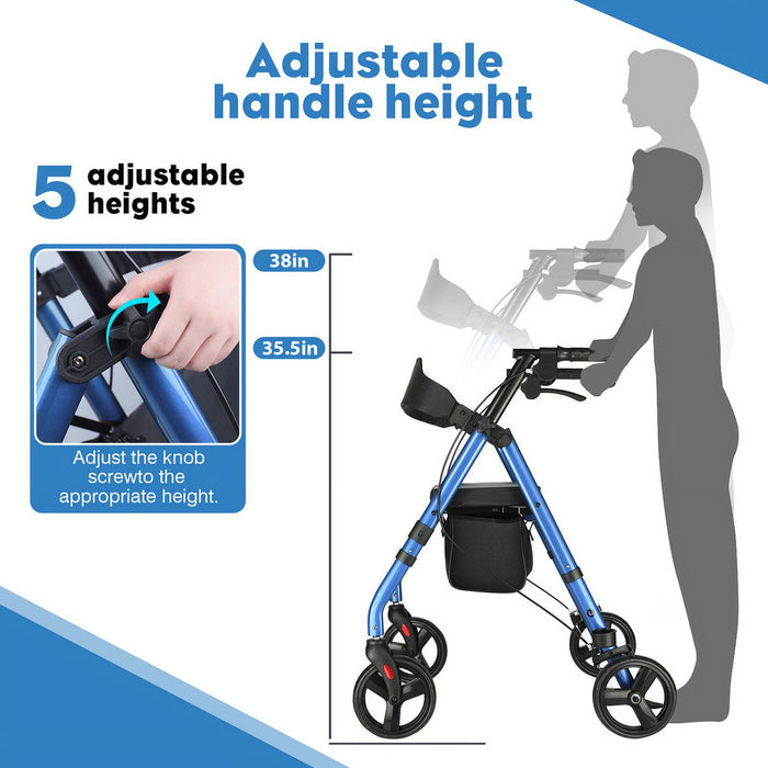 COSYWILL Rollator Walker with Seat,Foldable Mobility Walker with Durable Steel,Rolling Walker with 8" Wheels for All Terrain,Adjustable Height,300 lbs,Blue - open_box