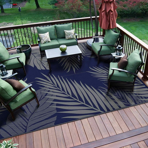 DEORAB 6'x9' Outdoor Rugs Patio Waterproof Outside Mat Reversible Plastic Camping Carpet,Blue & Grey - new