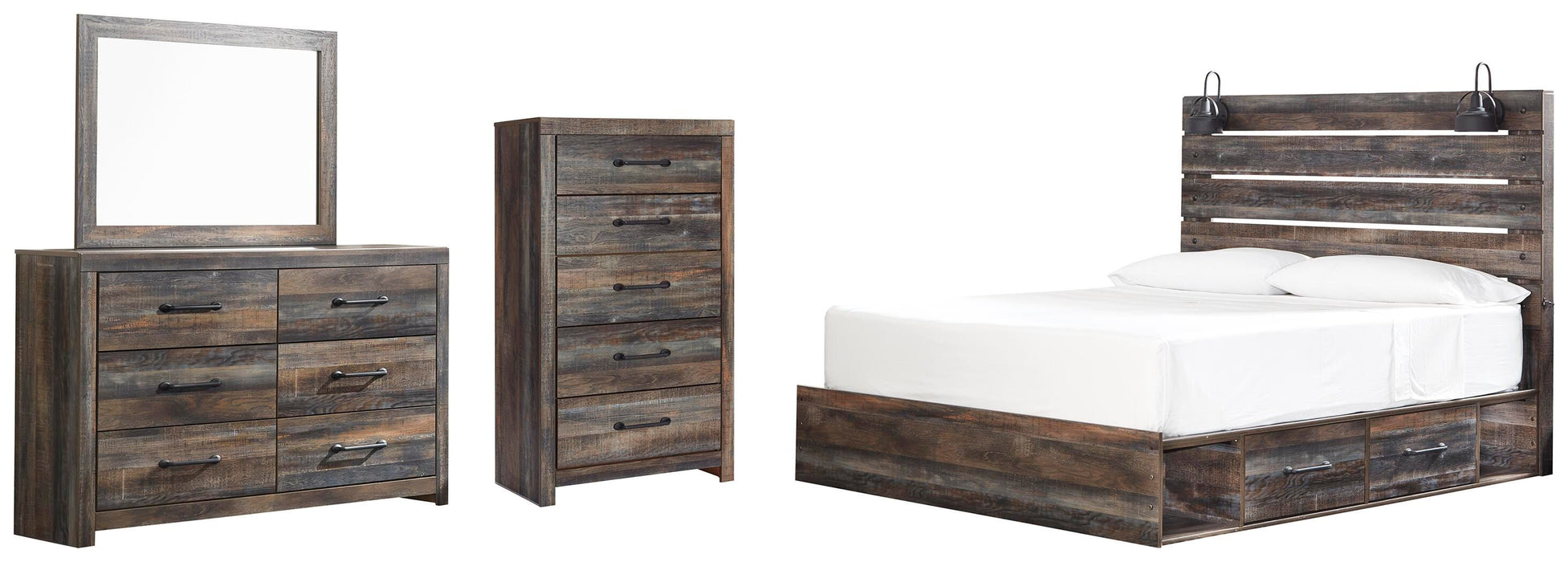 Drystan Multi Drystan King Panel Bed with 2 Storage Drawers, Dresser, Mirror and Chest