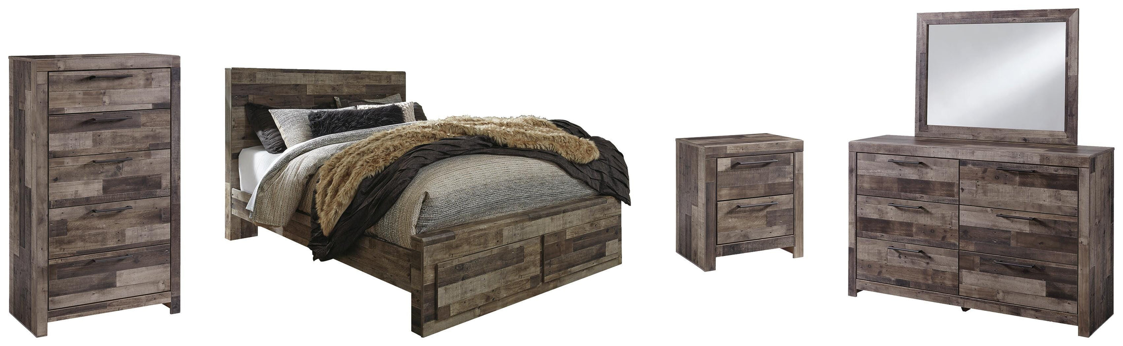 Derekson Multi Gray Derekson Queen Panel Bed with 2 Storage Drawers with Mirrored Dresser, Chest and Nightstand