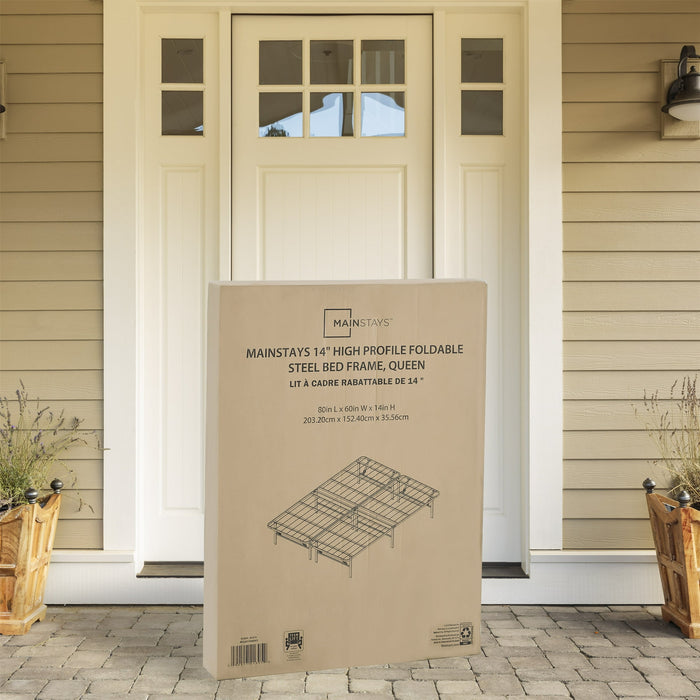 Mainstays King 14" High Profile Foldable Steel Platform Bed Frame with Storage Space Under Frame, No Box Spring Required, Black - new