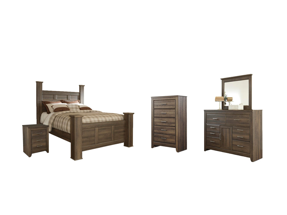 Juararo Dark Brown Juararo Queen Poster Bed with Mirrored Dresser, Chest and Nightstand
