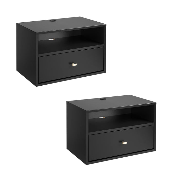 1 Piece Prepack Floating Shelf Side Table with Drawer and Brushed Brass Knobs, Modern Floating Nightstand 15" D x 22.5" W x 14.5" H, Black, BRBW-1402-2M - open_box