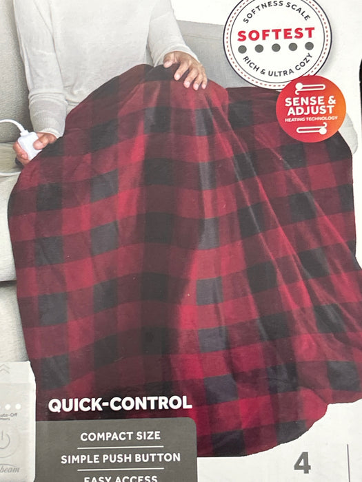 Sunbeam Electric Heated Throw Red/Black Plaid Microplush Faux Shearling 4 Heat 50x70 - new