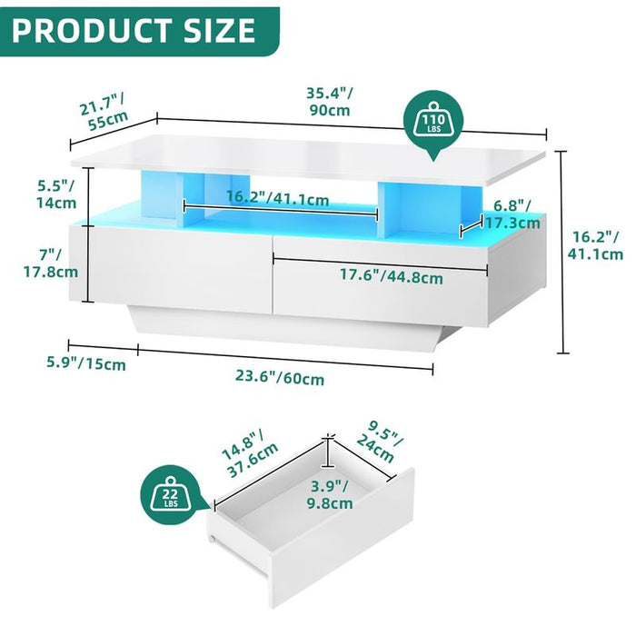 35.4" Modern High Glossy Rectangular Coffee Table with LED Light and Drawers - new