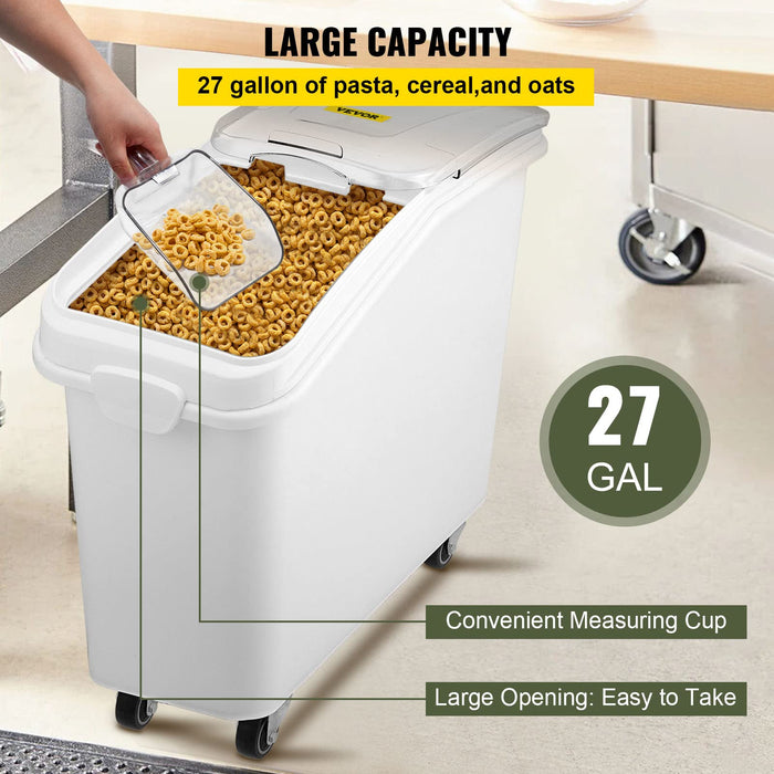 VEVOR 27 Gallon food storage containers 500 Cup Ingredient Bin with Scoop and Sliding Lid Commercial Food Container Ideal for rice storage, dog food container, flour, and sugar containers, White - open_box