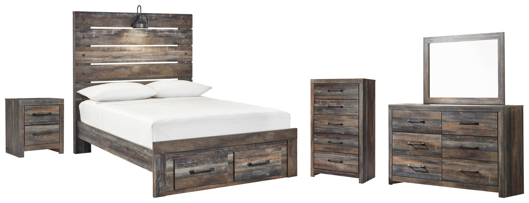 Drystan Multi Drystan Full Panel Bed with 2 Storage Drawers with Mirrored Dresser, Chest and Nightstand