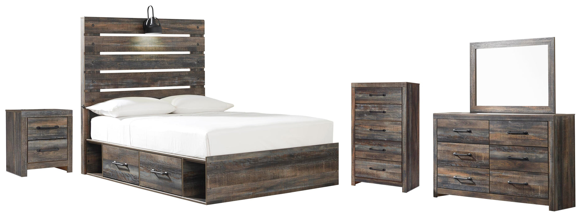 Drystan Multi Drystan Full Panel Bed with 2 Storage Drawers with Mirrored Dresser, Chest and Nightstand