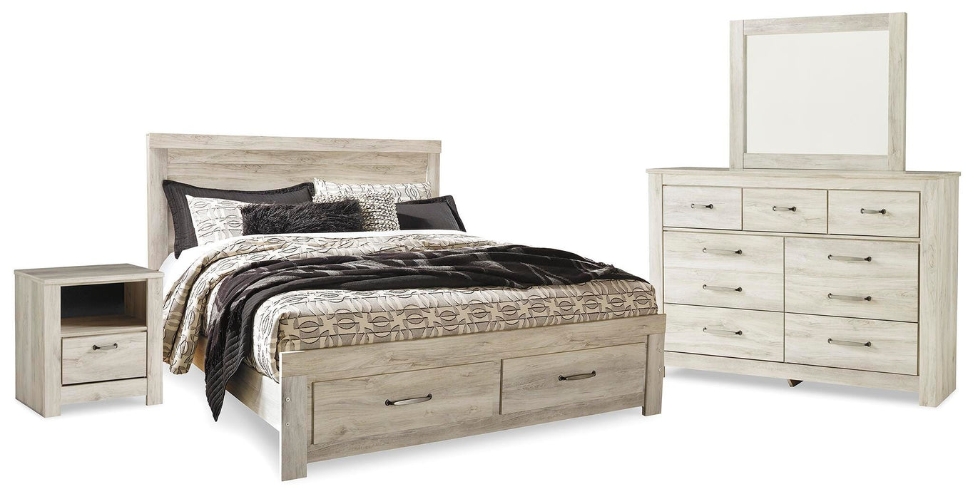 Bellaby Whitewash Bellaby King Platform Bed with 2 Storage Drawers with Mirrored Dresser and Nightstand