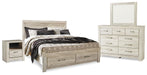Bellaby Whitewash Bellaby King Platform Bed with 2 Storage Drawers with Mirrored Dresser and Nightstand