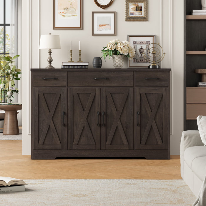 Homfa Buffet Cabinet with 3 Drawers and 4 Doors, 55.1” W Kitchen Sideboard Storage Cabinet with Adjustable Shelves, Farmhouse Coffee Bar Cabinet for Dining Room, Dark Brown - new