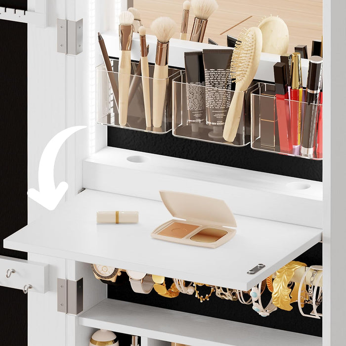 IRONCK Full Length Mirror Jewelry Cabinet with Foldable Shelf , Wall Door Mounted Jewelry Armoire with LED Light , White - new