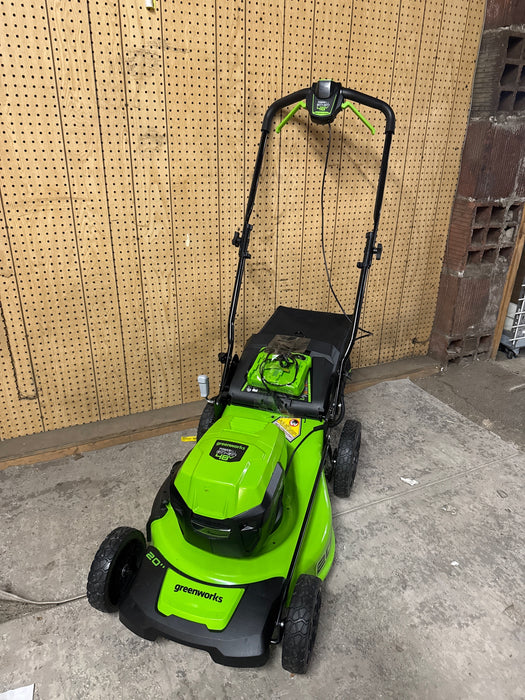 Greenworks 48V 20" Brushless Battery-Powered Lawn Mower + Two (2) 4.0Ah USB Batteries and Charger - open_box