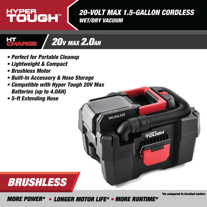 Hyper Tough 1.5 Gallon Wet Dry Vac, 20V Max, Brushless Motor, Cordless, Battery and Charger Included - new