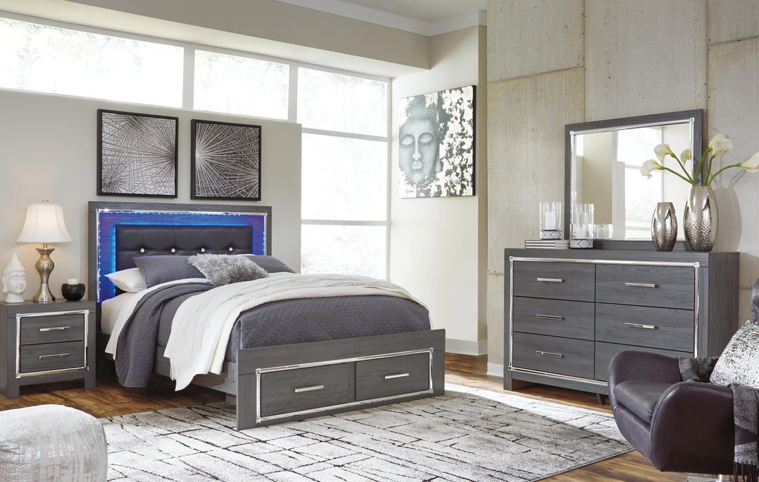 Lodanna Gray Lodanna Queen Panel Bed with 2 Storage Drawers with Mirrored Dresser