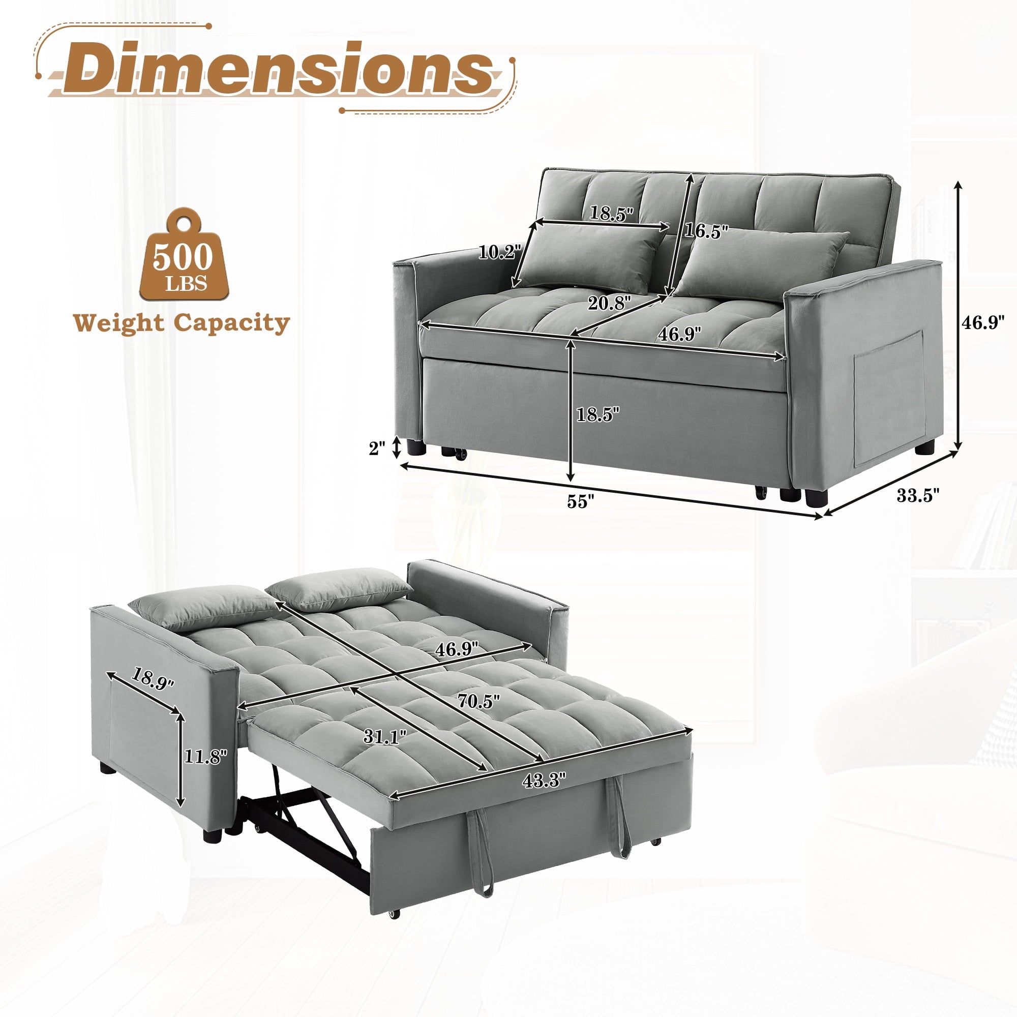 Dinosisco 3 in 1 Convertible Pull Out Sofa Bed, 55