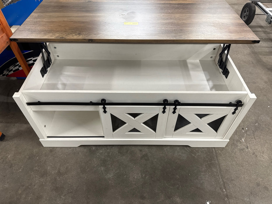 DWVO Farmhouse Lift Top Coffee Table with Storage & Sliding Door, Rustic Center Table for Living Room, White and Brown - open_box