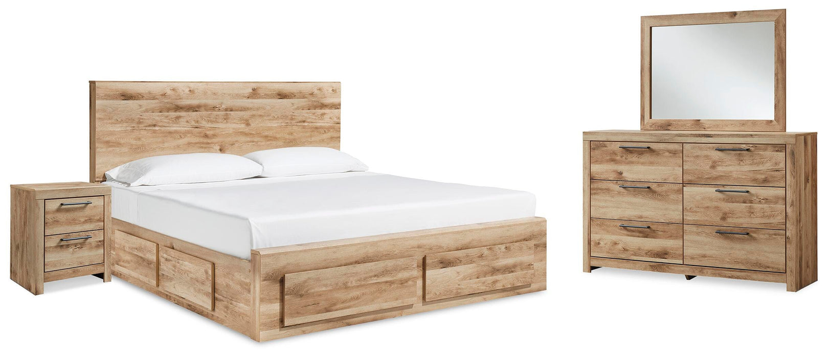 Hyanna Tan Brown Hyanna Queen Panel Storage Bed with 1 Under Bed Storage Drawer, Dresser, Mirror and Nightstand - Brand New