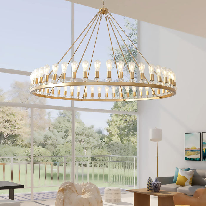 Rijatkiy 70 Inch Large Gold Wagon Wheel Chandelier, 48-Lights Vintage Farmhouse Light Fixture, Round Rustic Industrial Pendant Lighting for High Ceilings Living Room, Dining Room, Foyer - ne