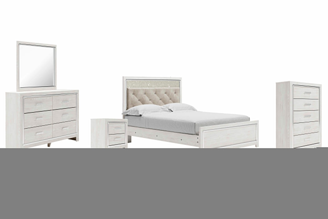 Altyra White Altyra Queen Panel Bed with Mirrored Dresser, Chest and Nightstand