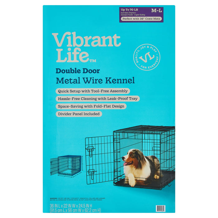 Vibrant Life Wire Dog Crate, Double-Door, Divider and Leak-Proof Tray, Metal, Foldable, Durable, Black, 36 in - new