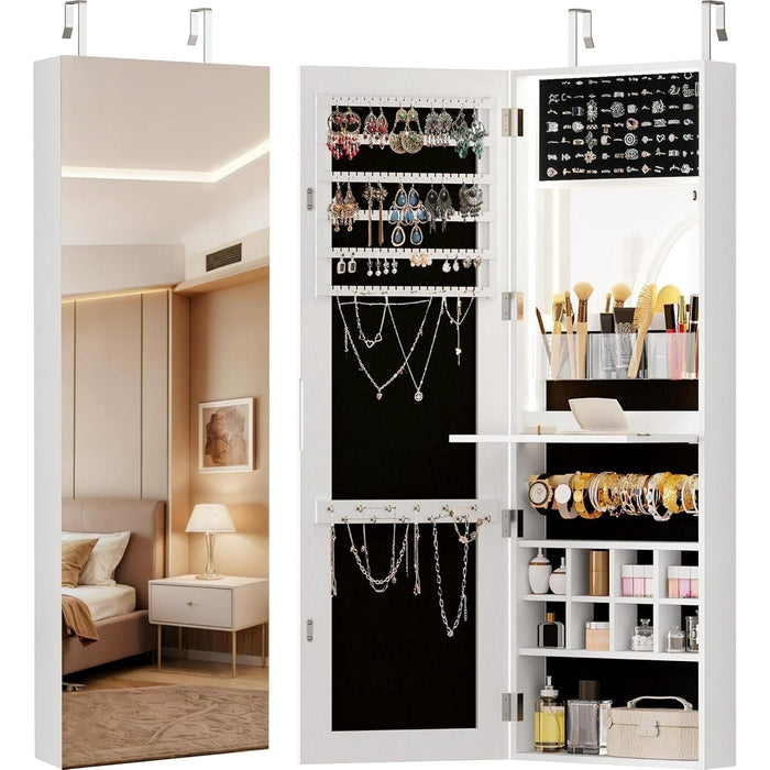 IRONCK Full Length Mirror Jewelry Cabinet with Foldable Shelf , Wall Door Mounted Jewelry Armoire with LED Light , White - new