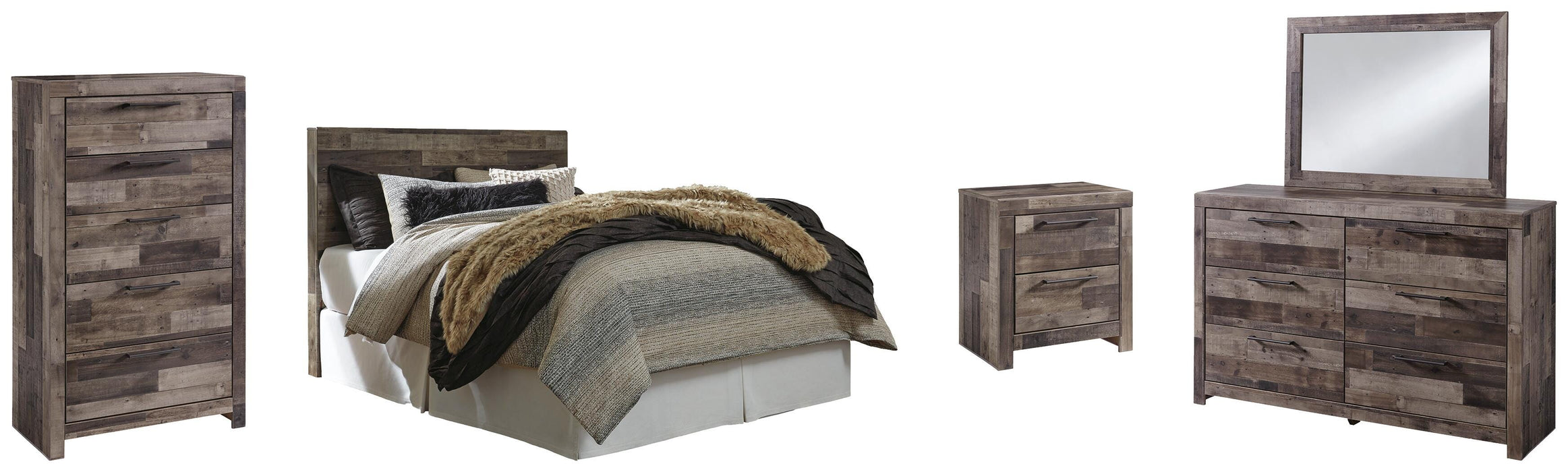 Derekson Multi Gray Derekson Queen/Full Panel Headboard Bed with Mirrored Dresser, Chest and Nightstand