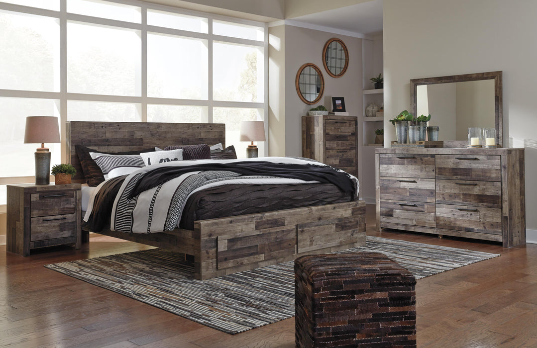 Derekson Multi Gray Derekson King Panel Bed with 2 Storage Drawers with Mirrored Dresser, Chest and Nightstand