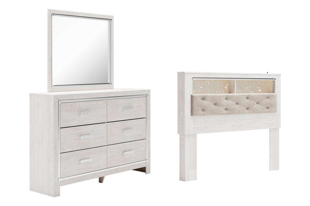 Altyra White Altyra Queen Bookcase Headboard Bed with Mirrored Dresser