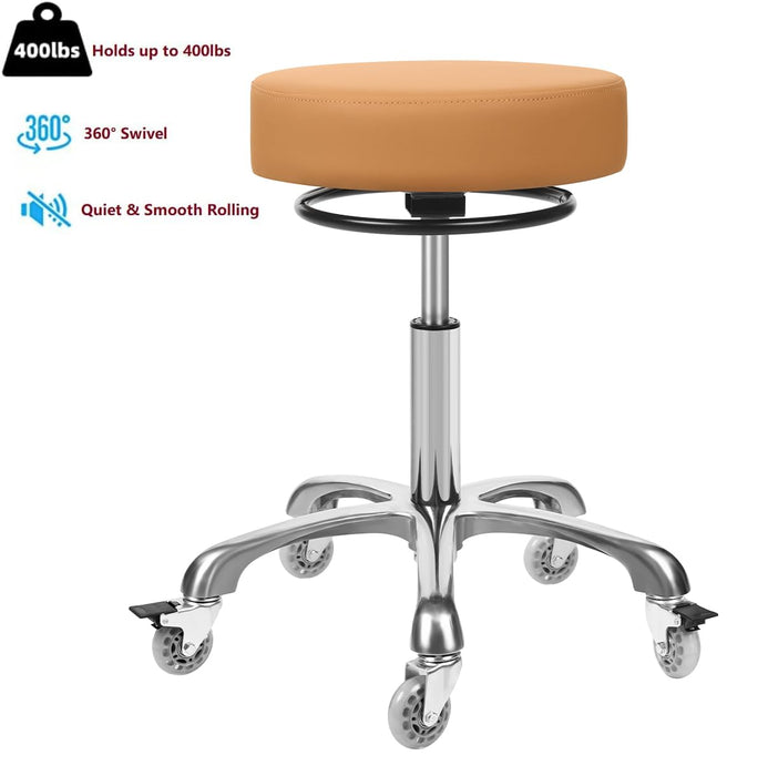 McDooFly Round Rolling Stools with Wheels Adjustable Swivel Stool 400 lbs Heavy Duty Rolling Stool Seat Cushion Leather Desk Stool for Kitchen Counter Shop Salon Spa Medical Garage(Camel). - open_box