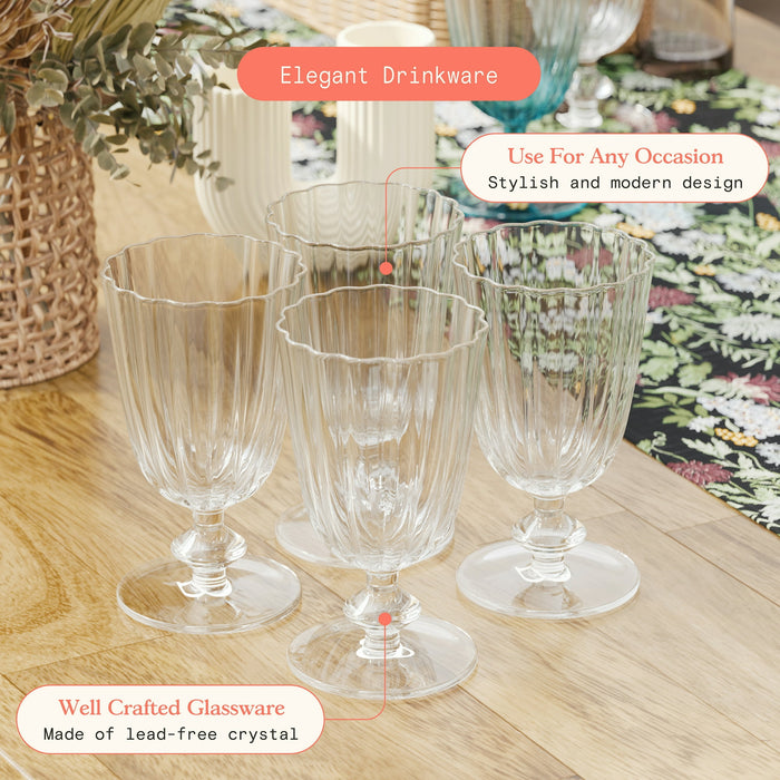 Beautiful Scallop Set of 4 Glass Goblet Clear by Drew Barrymore - new