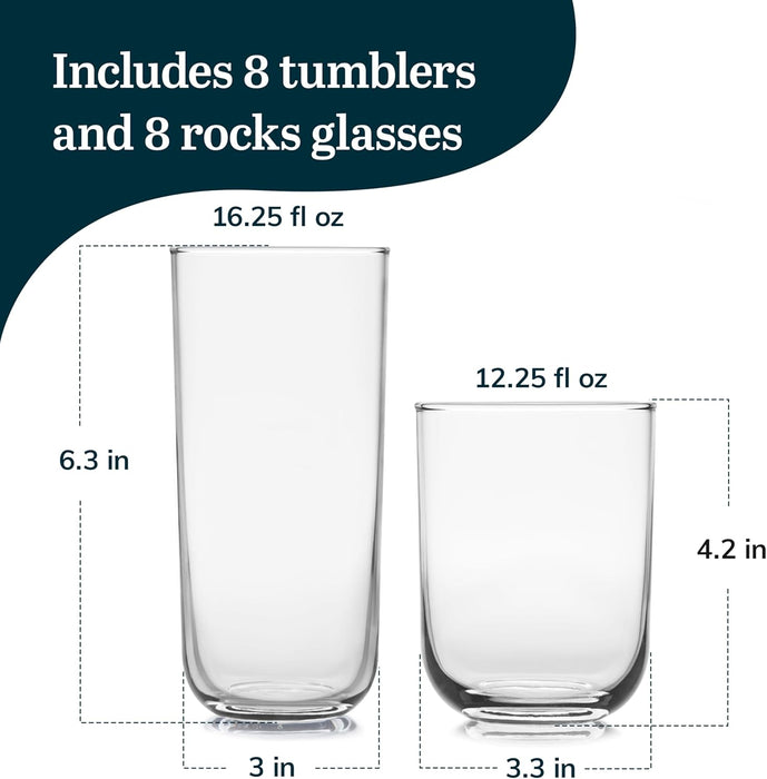 Libbey Polaris Tumbler and Rocks Glass Set, Elegant Drinkware Glasses Set, Lead-Free Tall Drinking Glasses with Modern Clean Lines, Dishwasher Safe Drinking Glasses Set of 16, Axis - new