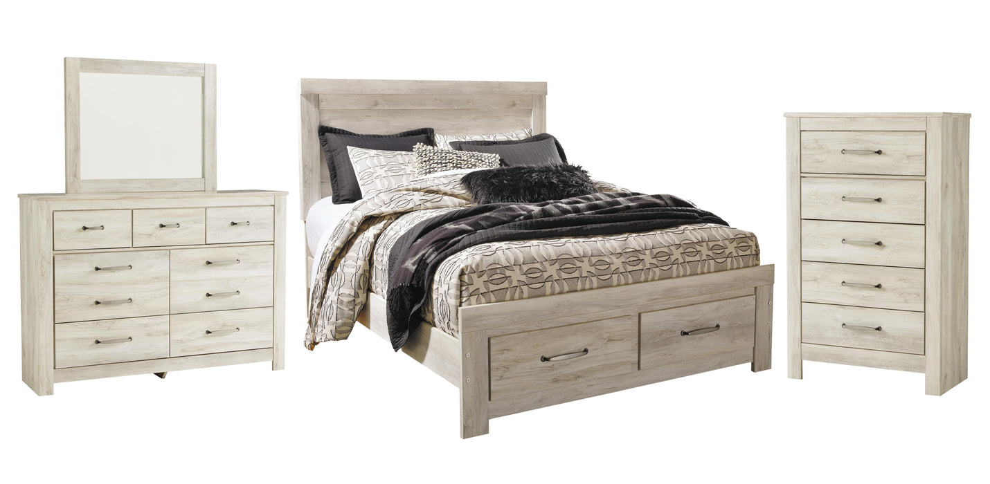 Bellaby Whitewash Bellaby Queen Platform Bed with 2 Storage Drawers with Mirrored Dresser and Chest - Brand New