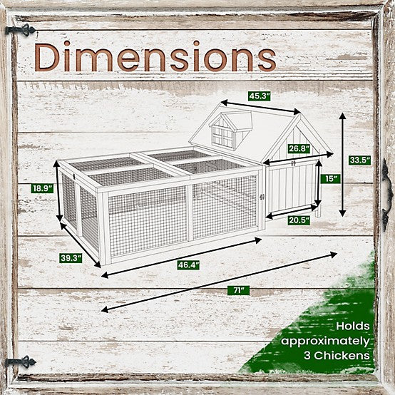 Hanover Outdoor Elevated Wooden Chicken Coop with Ramp, 3 Chicken Capacity, Large Wire Mesh Run, Waterproof Roof, Removable Tray - new