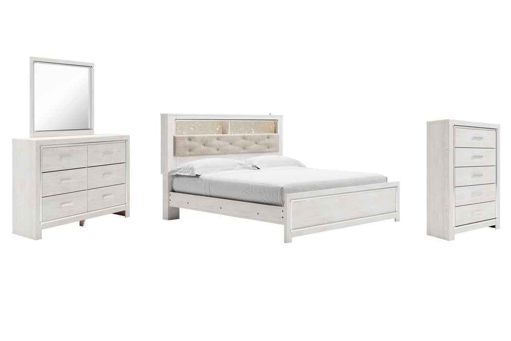 Altyra White Altyra King Panel Bookcase Bed with Mirrored Dresser and Chest
