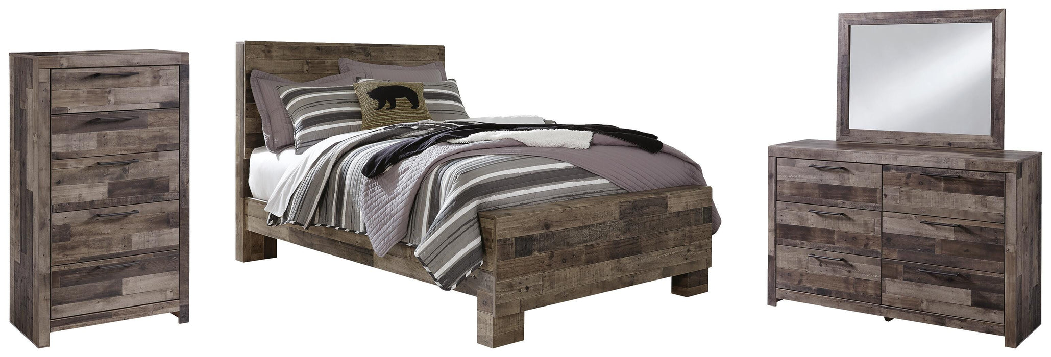 Derekson Multi Gray Derekson Full Panel Bed with Mirrored Dresser and Chest
