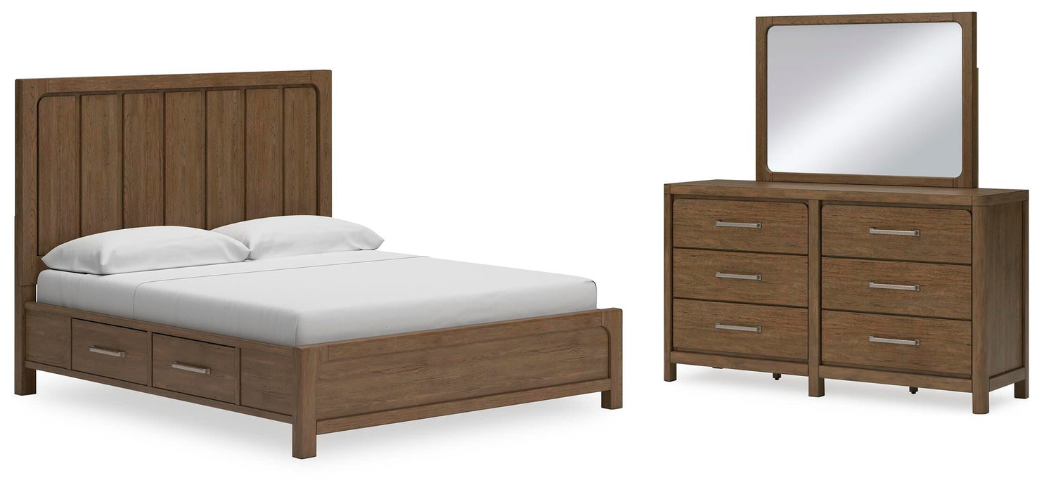 Cabalynn Light Brown Cabalynn California King Panel Bed with Storage with Mirrored Dresser