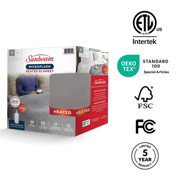 Sunbeam Electric Heated Bed Blanket Gray Soft Brushed Fleece 12 Heat Settings Full 84 x 72 - new