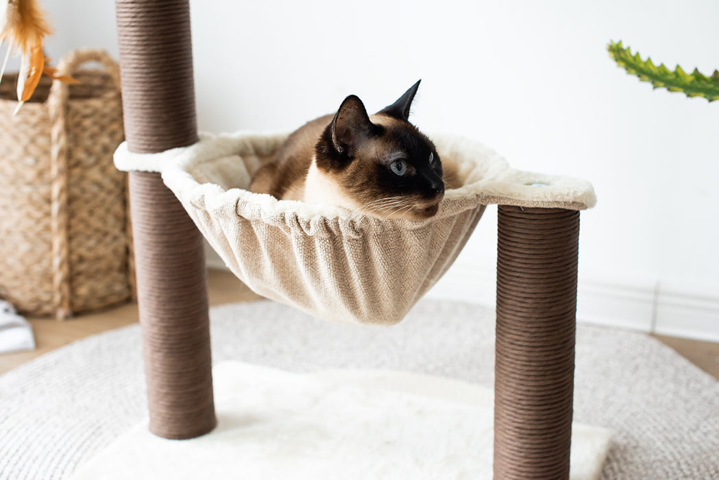 Catry 28" Beige 3-Level Cat Tree with Hammock Scratching Post Tower with Plush Perch Indoor Play House - open_box