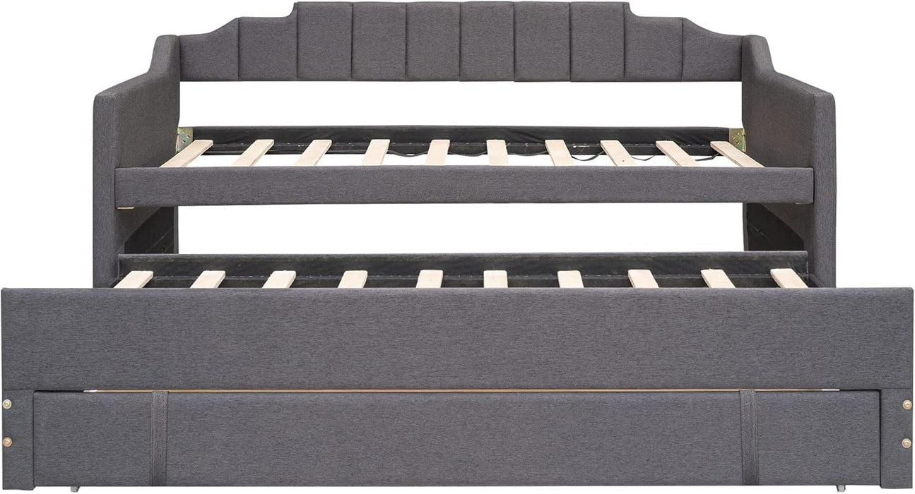 Upholstered Daybed with Trundle, Twin Size Bed Frame with 3 Storrage Drawers or Boys Girls Bedroom (Grey) 2 Boxes - new