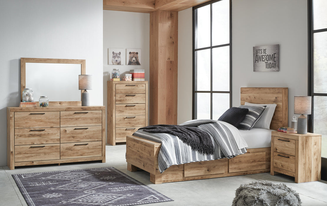 Hyanna Tan Brown Hyanna Twin Panel Bed with 1 Side Storage, Dresser, Mirror, Chest and Nightstand - Brand New