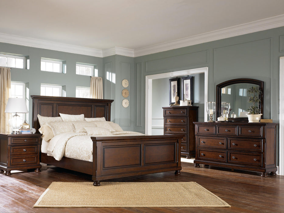 Porter Rustic Brown Porter California King Panel Bed with Mirrored Dresser, Chest and Nightstand