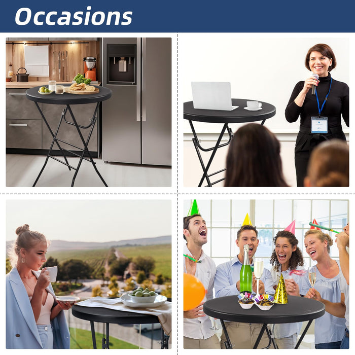 Byliable 32in Cocktail Table Folding High Top, Round Portable Plastic Bar Height Table for Parties,Patio,Dining Room, Banquet, Indoor Outdoor, Black - new