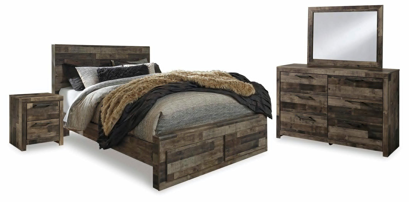 Derekson Multi Gray Derekson Queen Panel Bed with 2 Storage Drawers with Mirrored Dresser and Nightstand