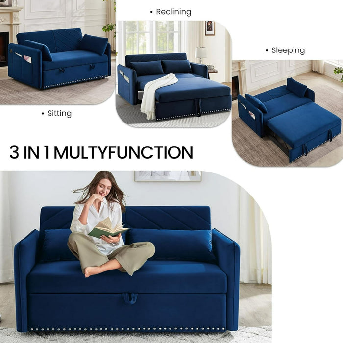 DEALTOPS Pull Out Sofa Bed, Convertible Loveseat Sleeper Sofa with USB Ports and Side Pockets, Blue - open_box